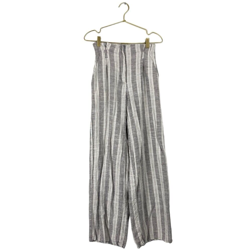 Primark Women Gray Linen Striped Wide Leg Casual Pants 8 603‎